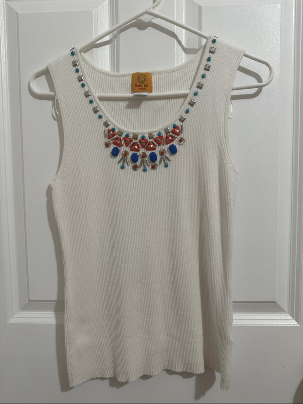 Ruby Rd. Southwestern Embellished White Ribbed Tank Top - Size XL Petite